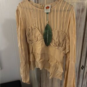 FARM Rio Tan Long Sleeve Pleated Ruched Blouse